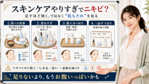 スキンケアやりすぎによるニキビや肌荒れは肌もたれとして腹八分に戻し一品ずつ足すと整理したアイキャッチ