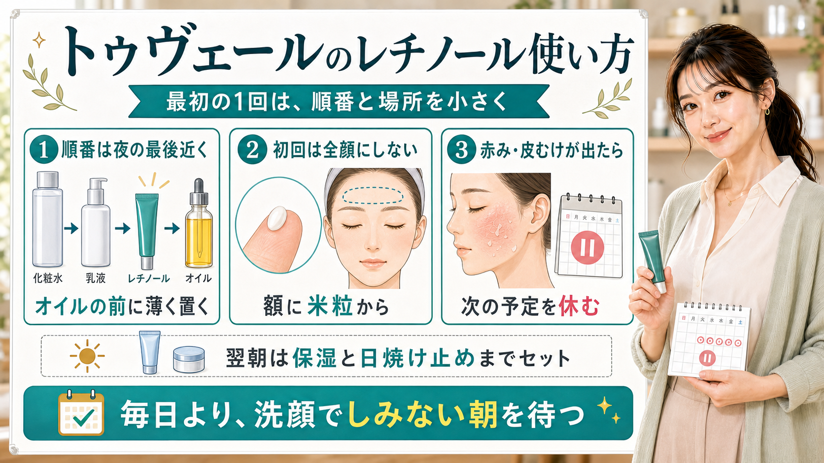 トゥヴェールのレチノールの使い方を順番・初回の塗る場所・休むサインで説明する美容解説ボード