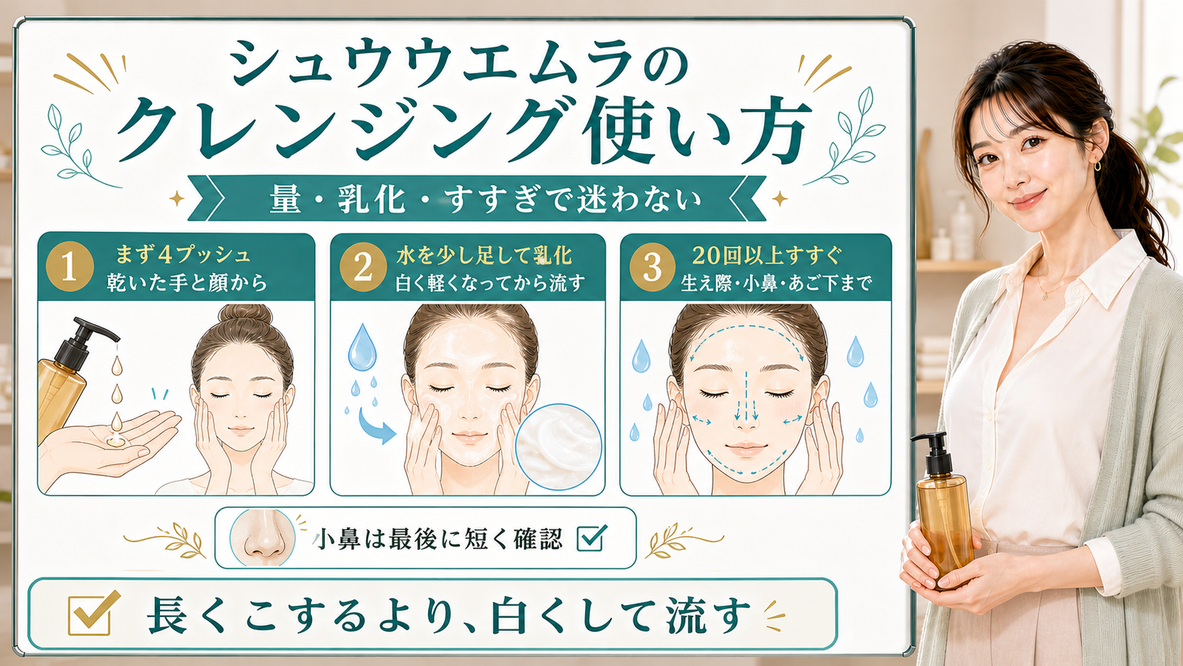 シュウウエムラのクレンジングの使い方を4プッシュ・乳化・すすぎで説明する美容解説ボード