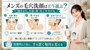 メンズの毛穴洗顔を小鼻・頬・髭剃り後のあごで説明する美容解説ボード