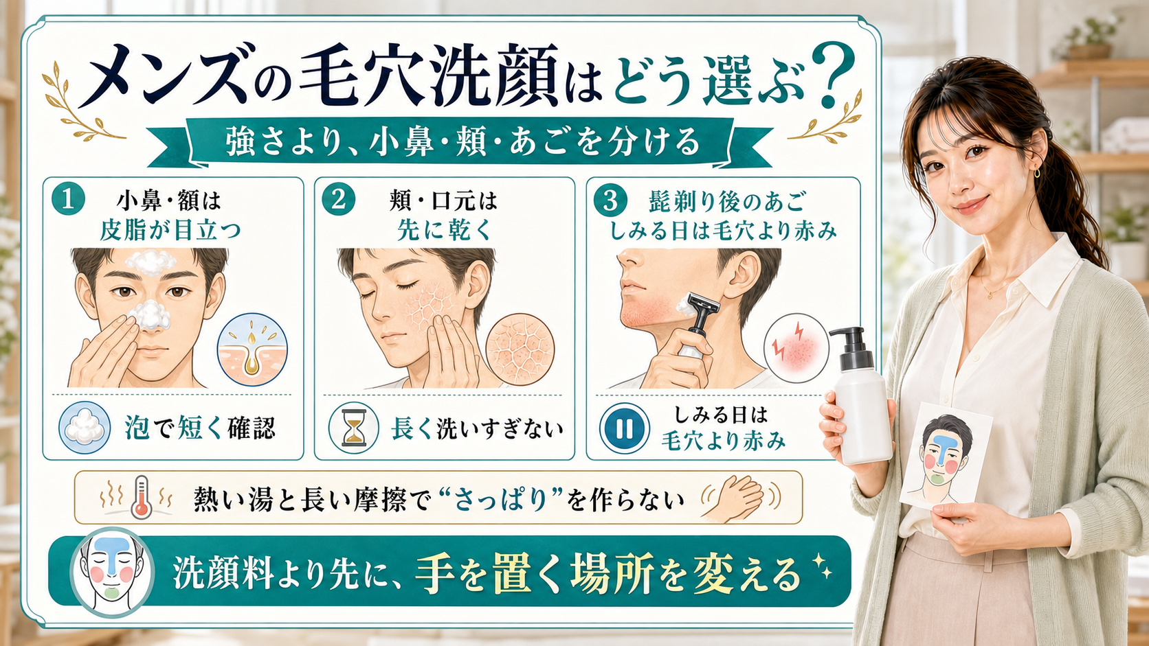 メンズの毛穴洗顔を小鼻・頬・髭剃り後のあごで説明する美容解説ボード