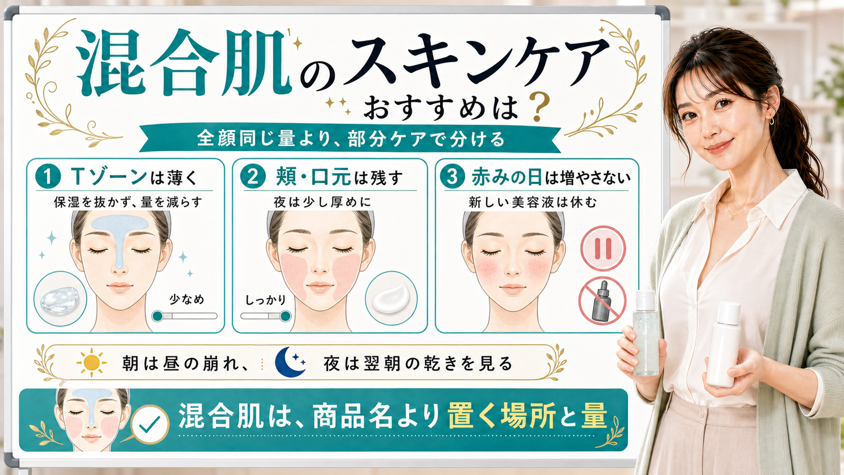 混合肌のスキンケアをTゾーン・頬口元・赤みの日の部分ケアで説明する美容解説ボード