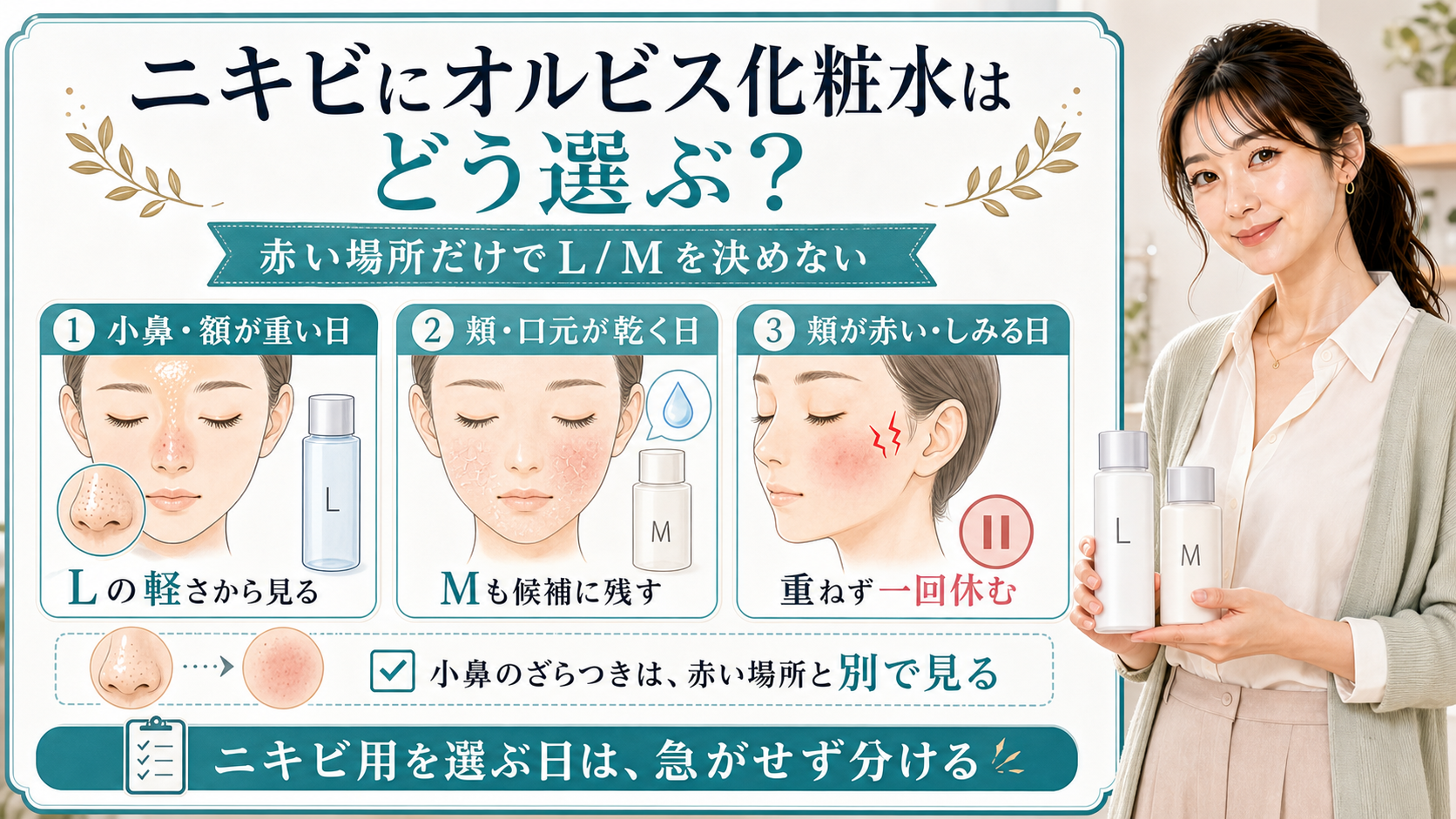 ニキビ向けのオルビス化粧水を小鼻額・頬口元・赤みしみる日で説明する美容解説ボード