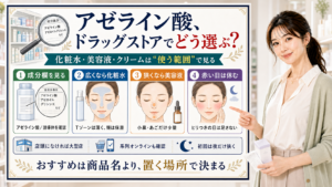 アゼライン酸をドラッグストアで選ぶ時に化粧水・美容液・クリームを使う範囲で見分ける解説ボード