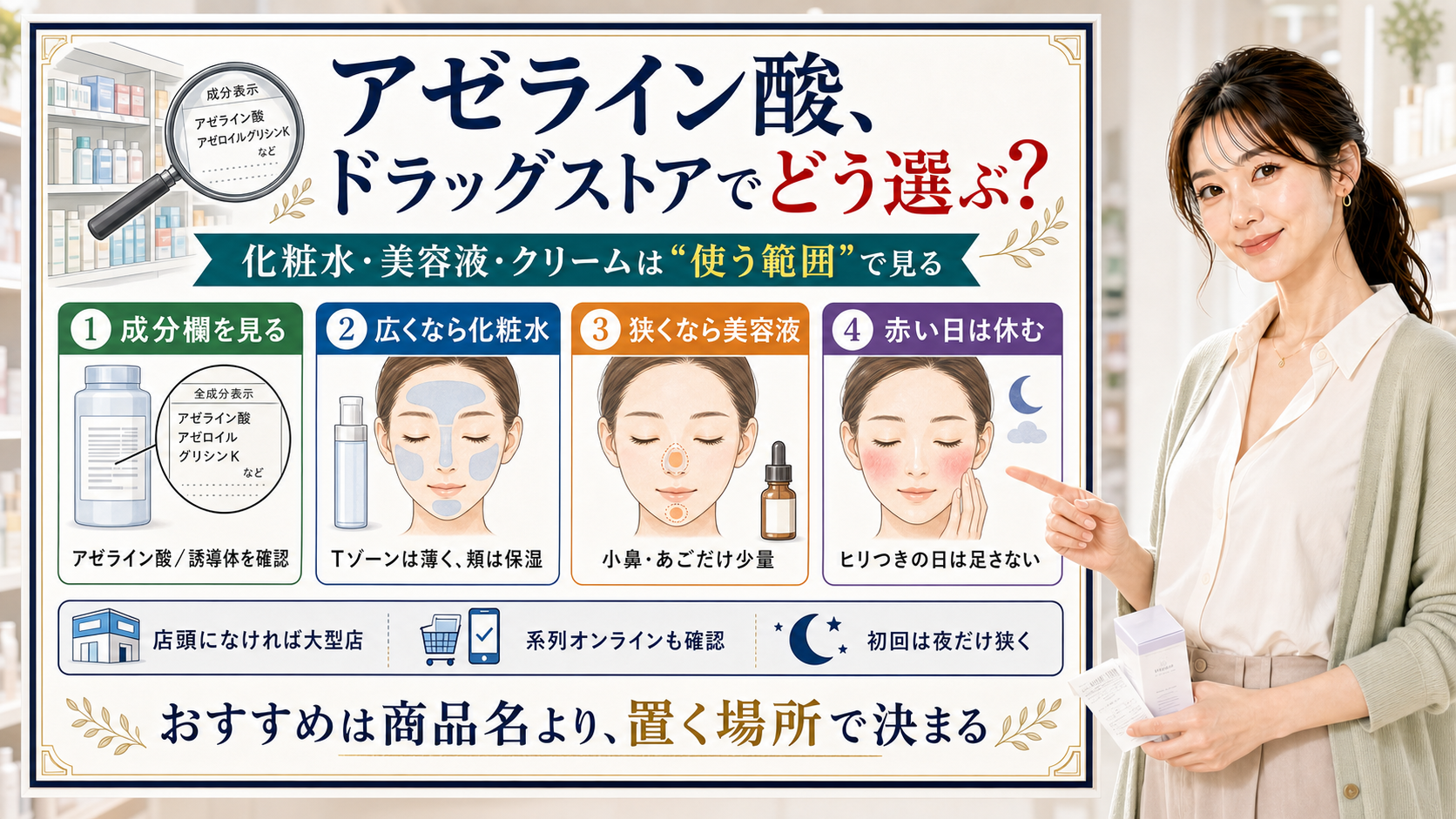 アゼライン酸をドラッグストアで選ぶ時に化粧水・美容液・クリームを使う範囲で見分ける解説ボード