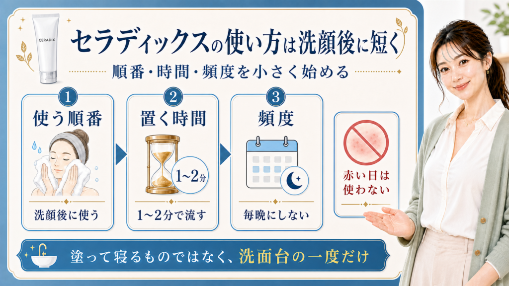 セラディックスの使い方を洗顔後・順番・時間・頻度で整理した解説ボード