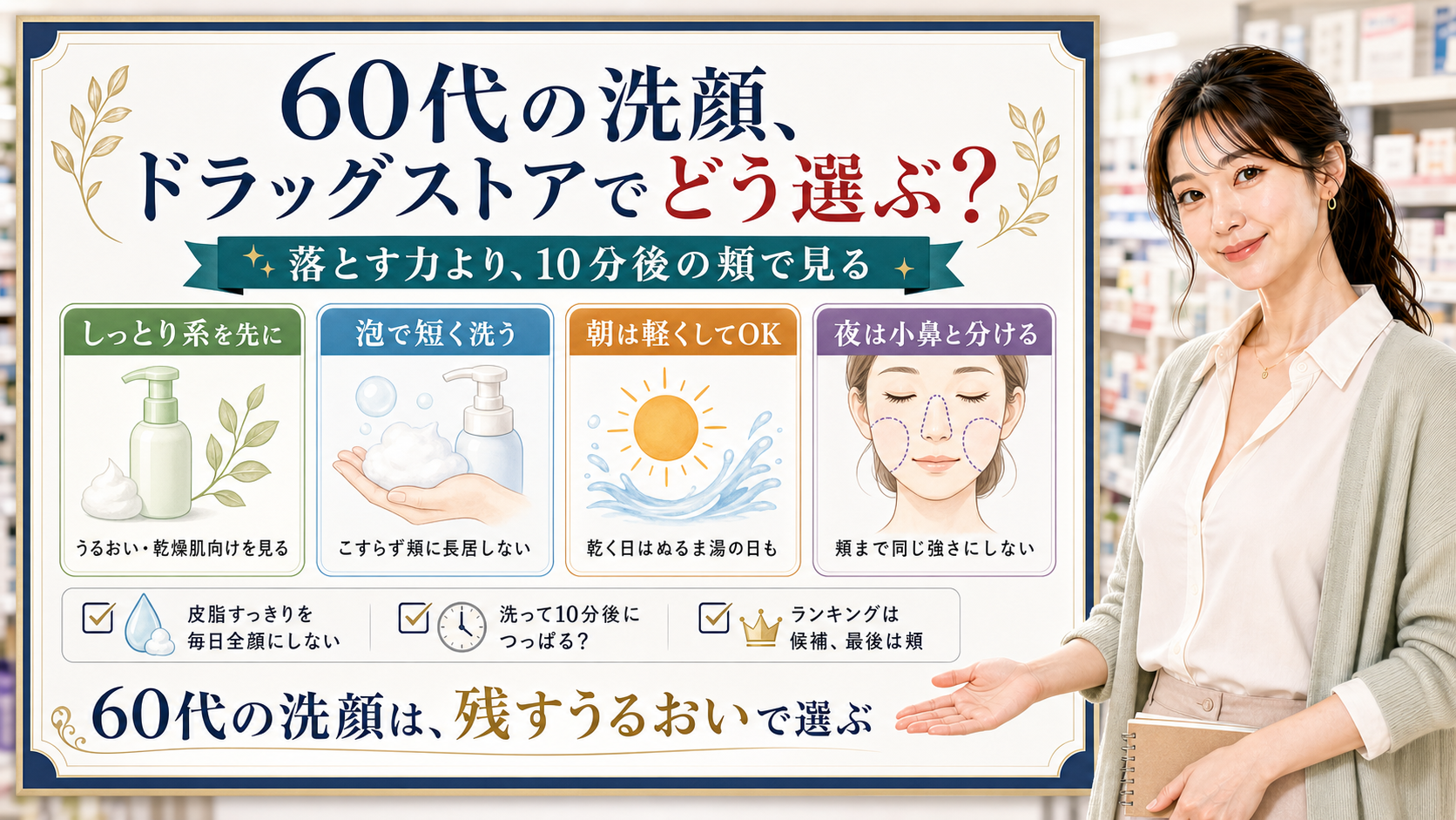60代の洗顔をドラッグストアで選ぶ時に落とす力より10分後の頬で見る解説ボード