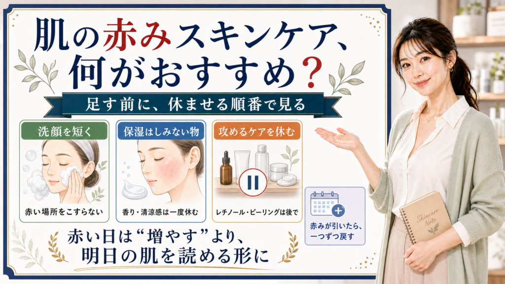 肌の赤みがある日のスキンケアは足す前に休ませる順番で選ぶ解説ボード