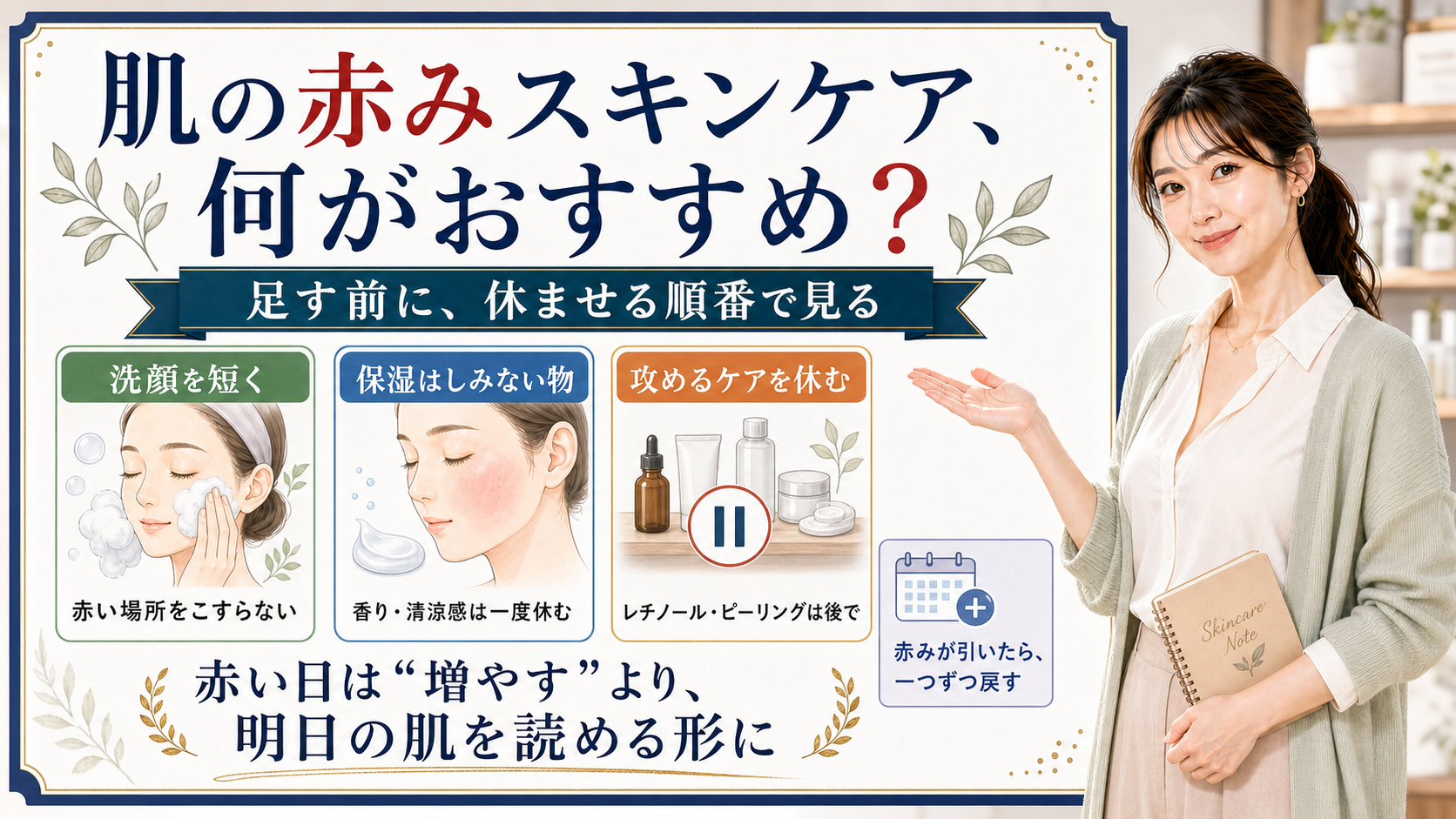 肌の赤みがある日のスキンケアは足す前に休ませる順番で選ぶ解説ボード