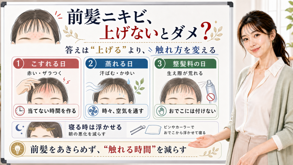 前髪でおでこニキビが増えるかをこすれ・蒸れ・整髪料・寝る時で見分けるアイキャッチ