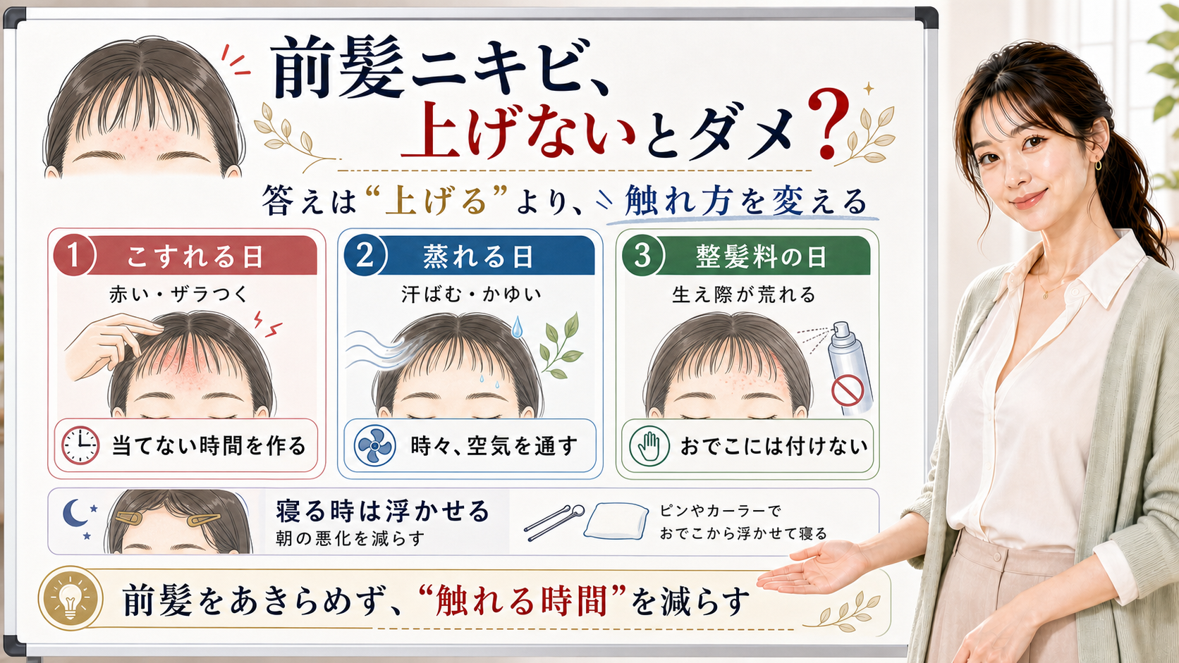 前髪でおでこニキビが増えるかをこすれ・蒸れ・整髪料・寝る時で見分けるアイキャッチ