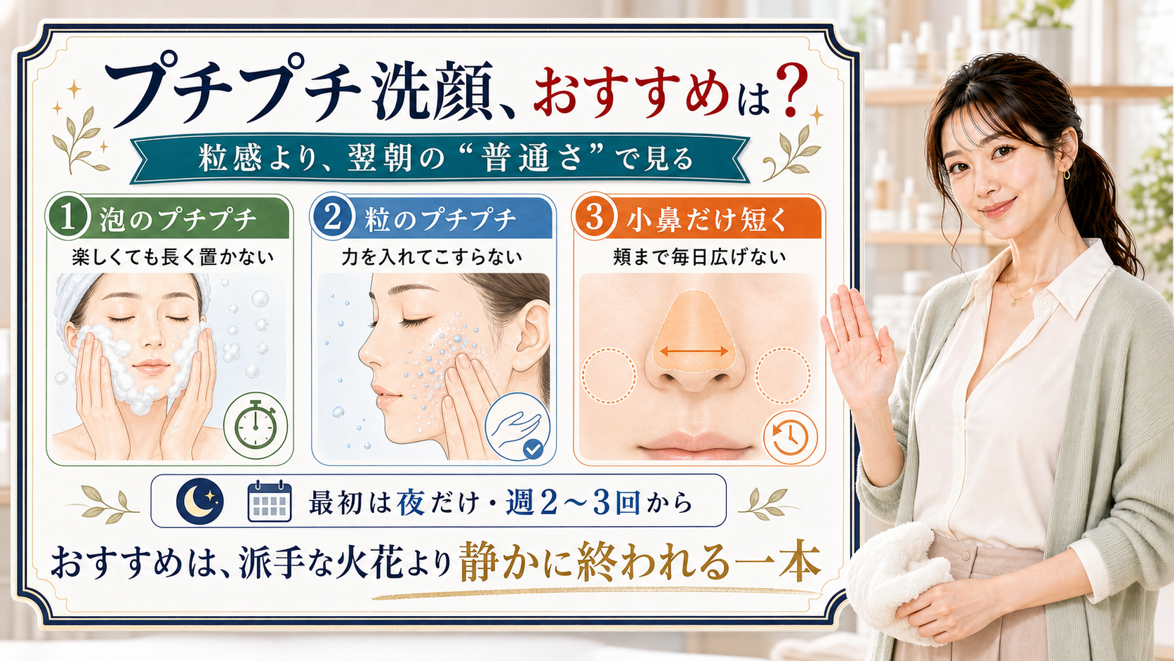 プチプチ洗顔のおすすめを粒感より翌朝の普通さで見分ける解説ボード