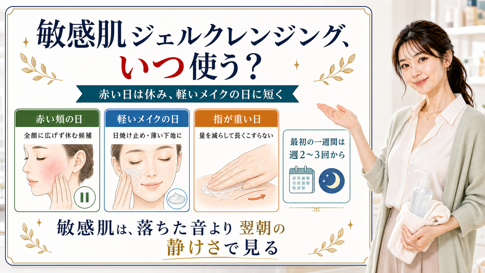 敏感肌のジェルクレンジングは赤い日は休み軽いメイクの日に短く使うと説明する解説ボード