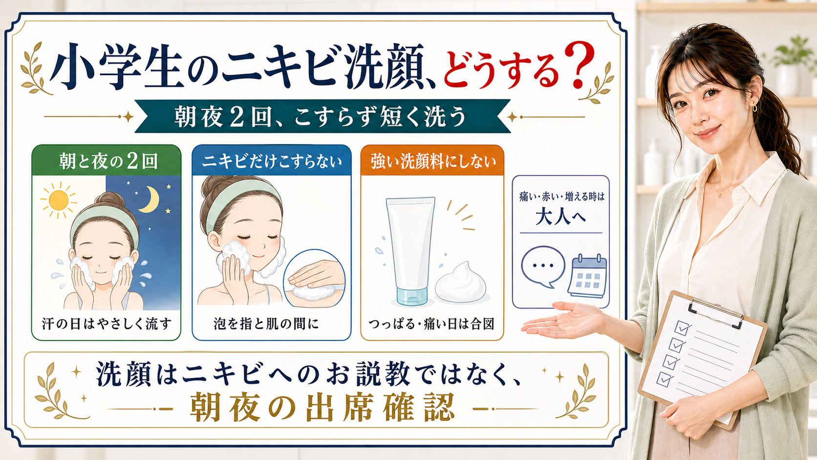 小学生のニキビ洗顔は朝夜2回こすらず短く洗うと説明する解説ボード