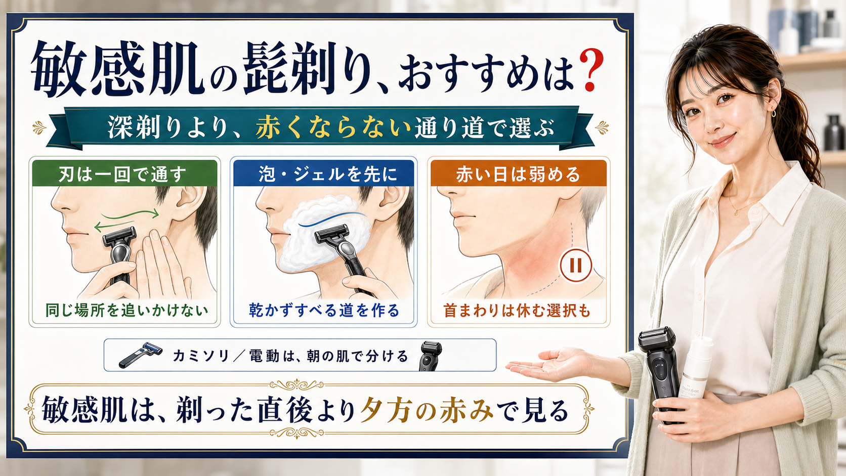 敏感肌の髭剃りは深剃りより赤くならない通り道で選ぶと説明する解説ボード