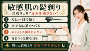 敏感肌の髭剃りで、刃・泡・赤い日・首まわりの休ませ方を整理する女性アドバイザーの図解