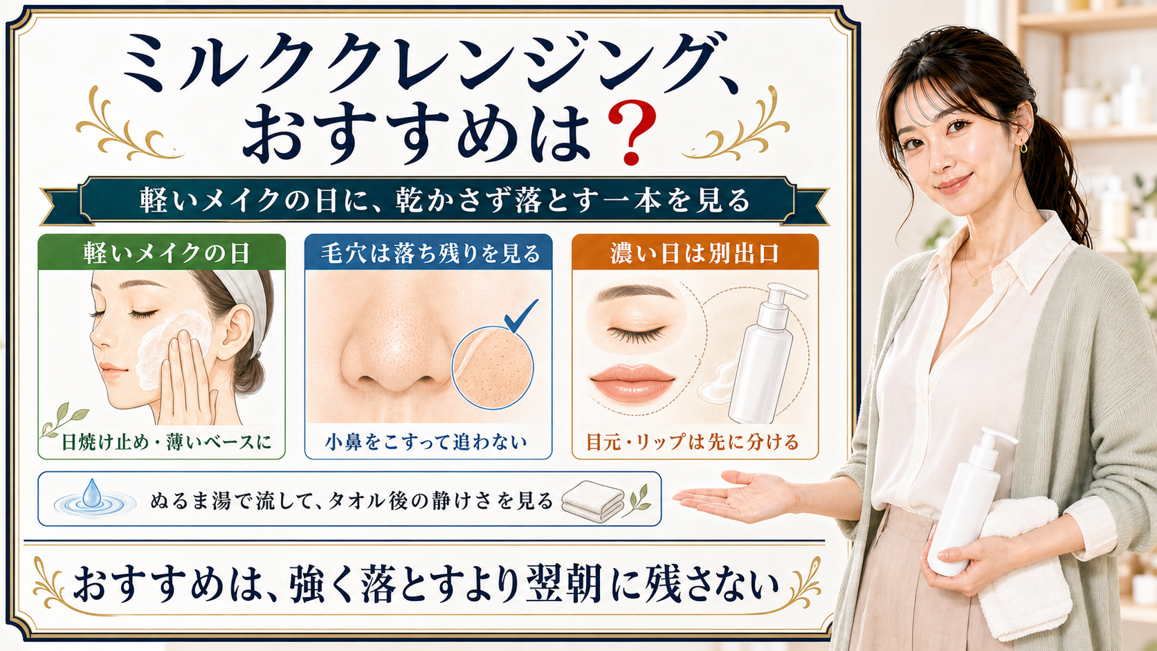 ミルククレンジングのおすすめを軽いメイクの日と毛穴の落ち残りで見分ける解説ボード