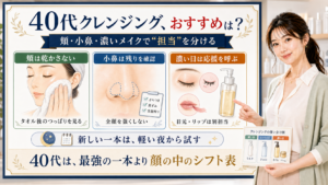 40代クレンジングのおすすめを頬・小鼻・濃いメイクで担当分けする解説ボード