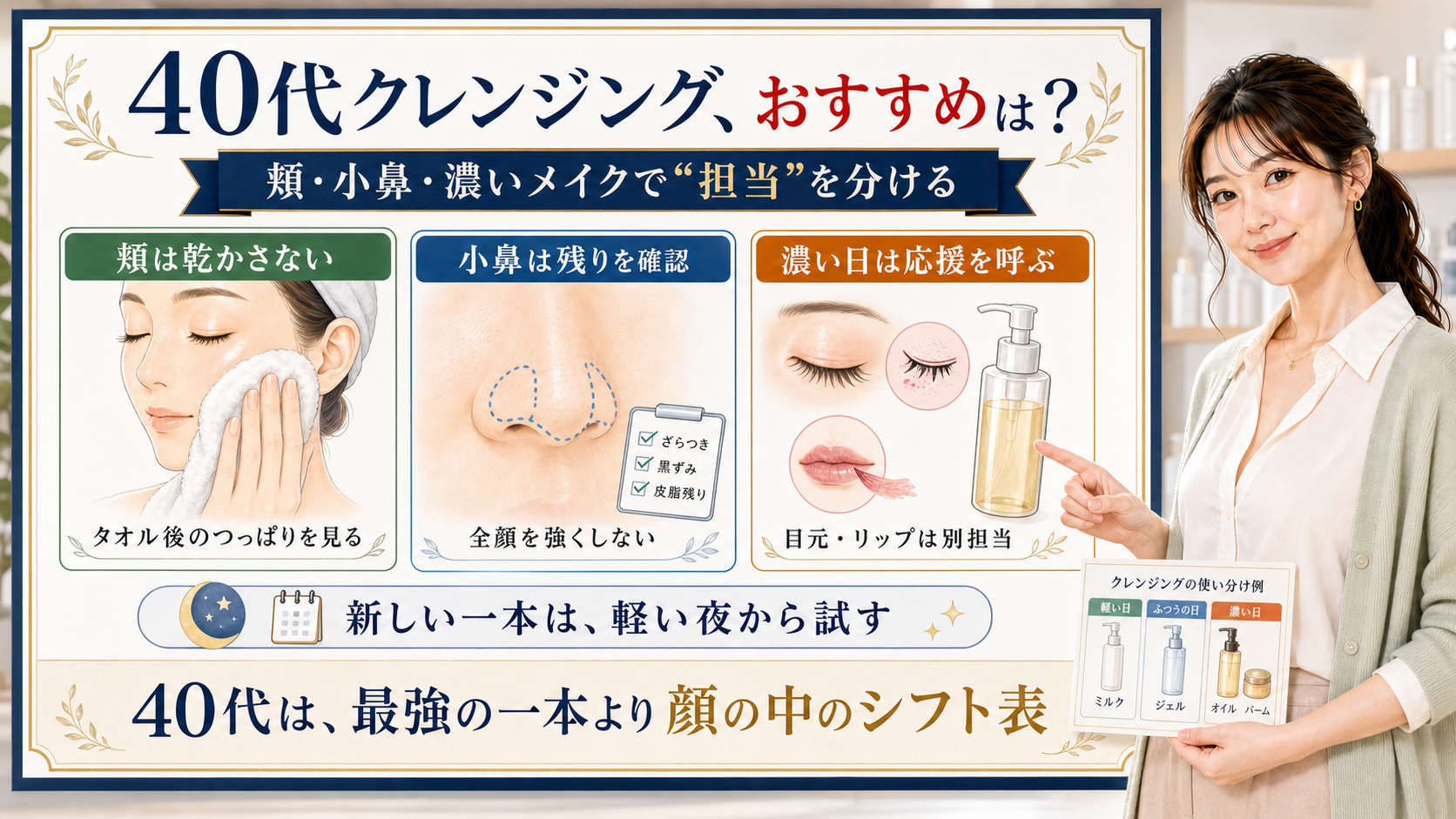 40代クレンジングのおすすめを頬・小鼻・濃いメイクで担当分けする解説ボード