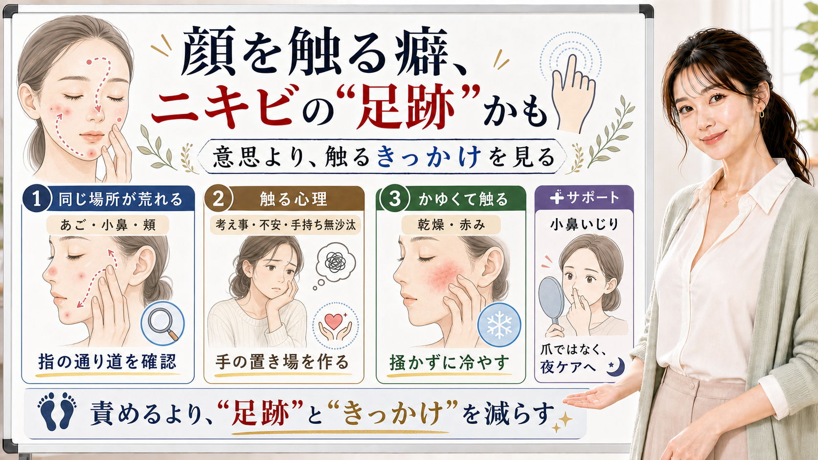 顔を触る癖とニキビを指の足跡と触るきっかけで見分けるアイキャッチ