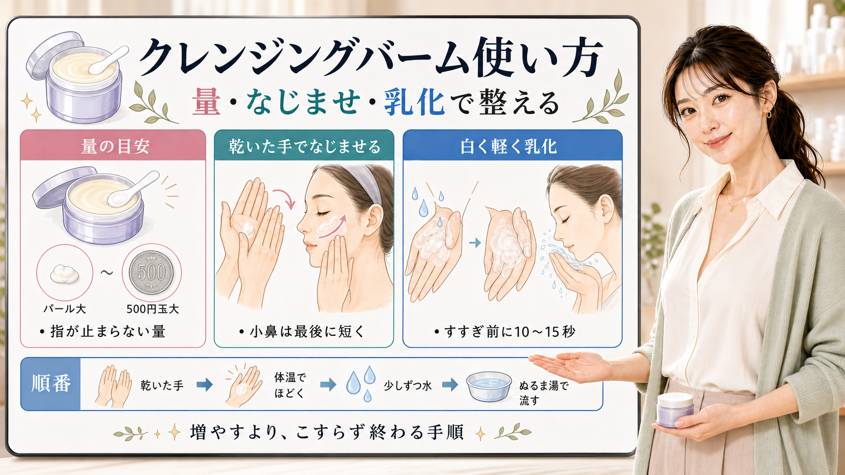 クレンジングバームの使い方は量・なじませ・乳化で整える