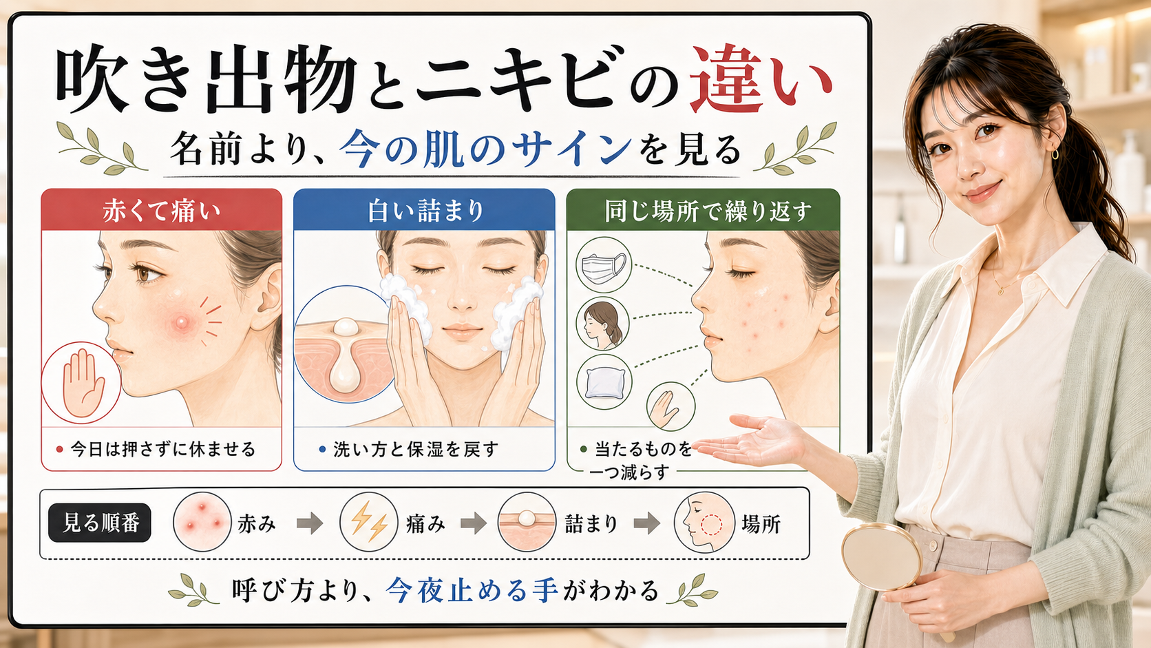 吹き出物とニキビの違いは名前より赤み・痛み・白い詰まり・場所で見る