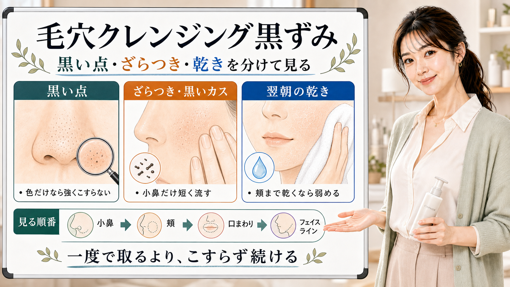 毛穴クレンジング黒ずみは黒い点・ざらつき・翌朝の乾きで分けて見る