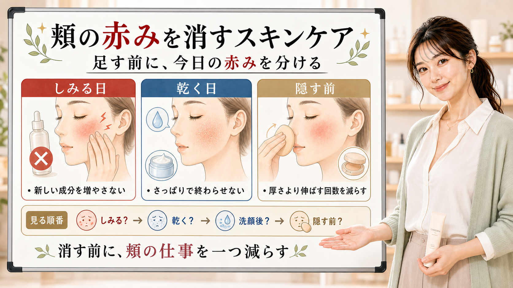 頬の赤みを消すスキンケアはしみる日・乾く日・隠す前で分ける