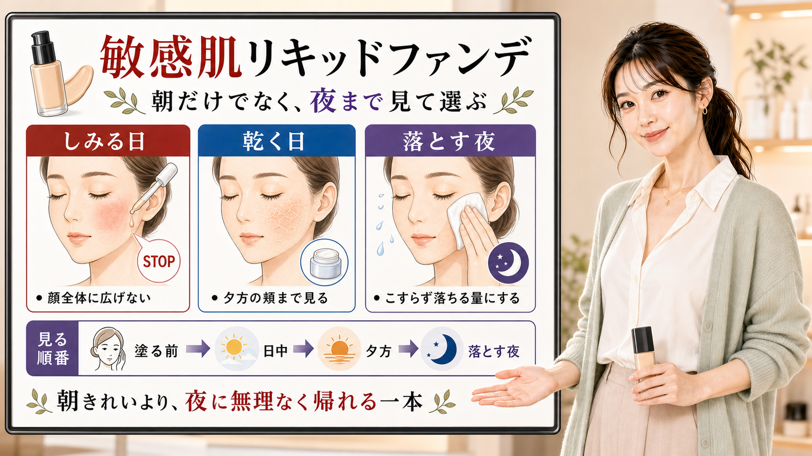 敏感肌のリキッドファンデはしみる日・乾く日・落とす夜で選ぶ