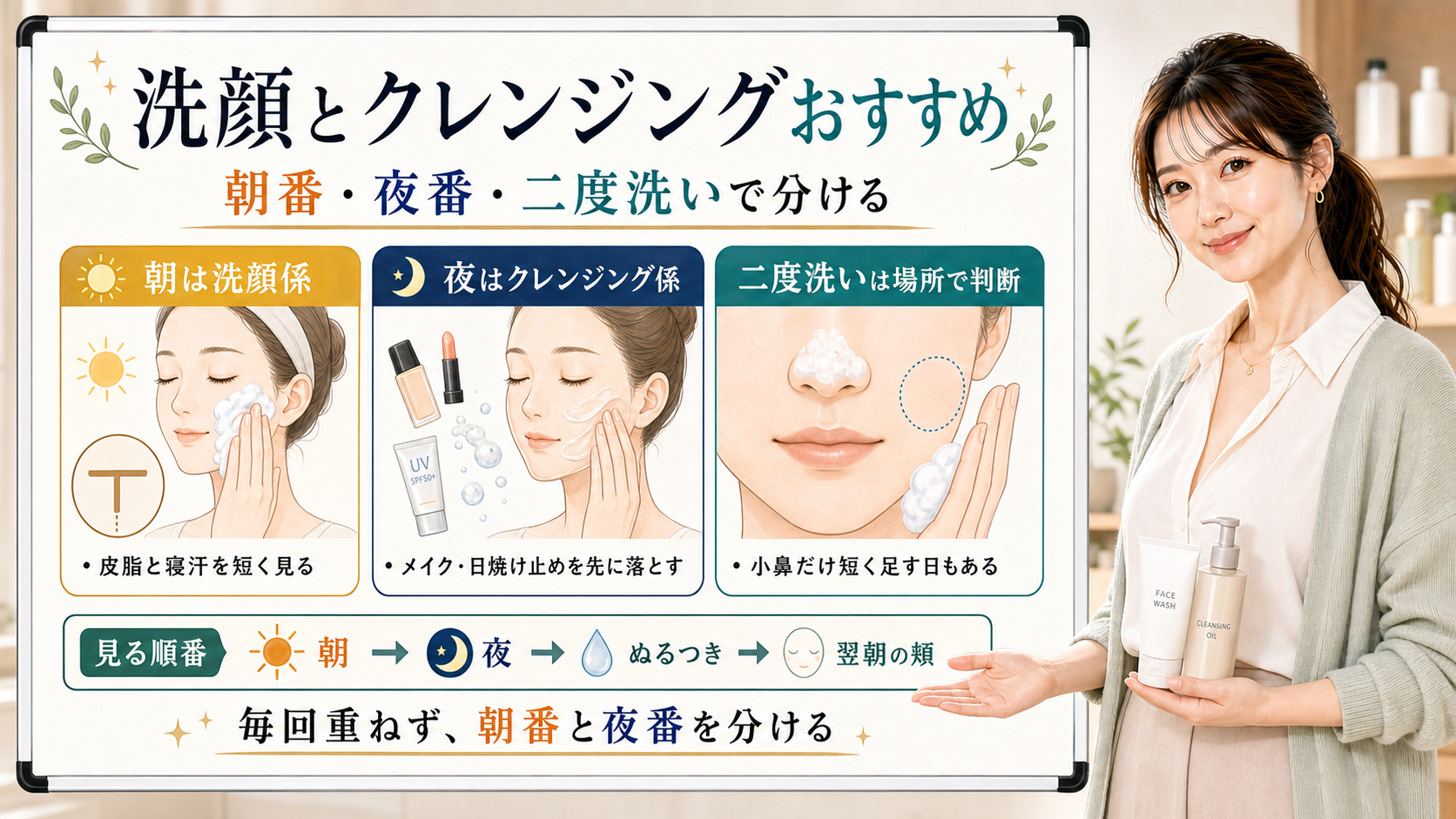 洗顔とクレンジングおすすめは朝番・夜番・二度洗いで分ける