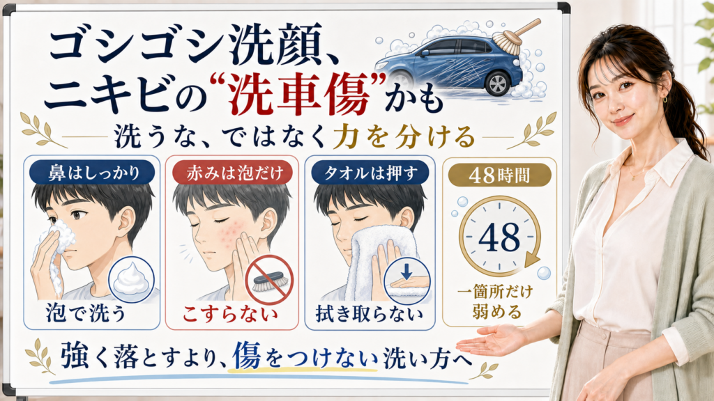 ゴシゴシ洗顔とニキビを洗車傷にたとえて鼻・赤み・タオルの力を分けるアイキャッチ