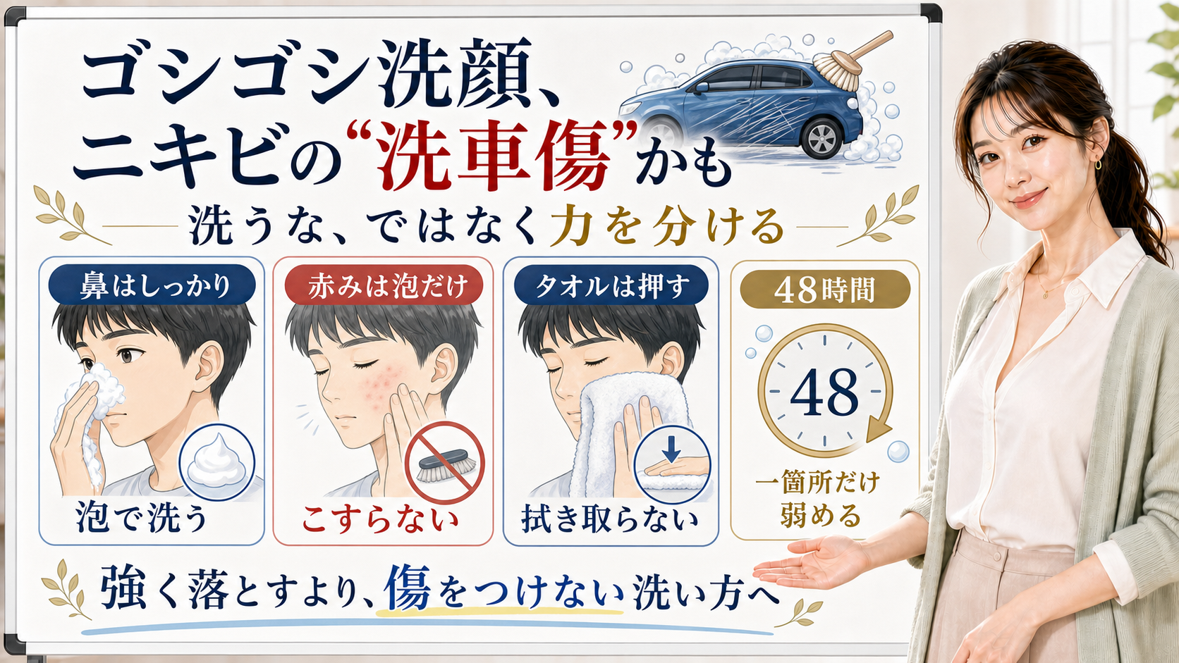 ゴシゴシ洗顔とニキビを洗車傷にたとえて鼻・赤み・タオルの力を分けるアイキャッチ