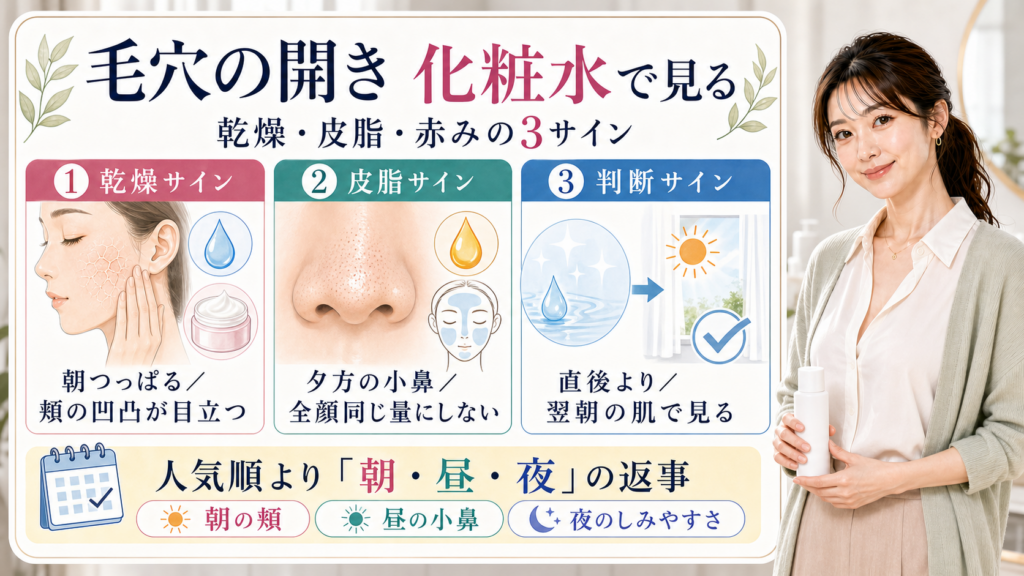 毛穴の開きに化粧水を見るときの乾燥、皮脂、赤みの3サインを整理した美容解説ボード