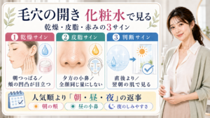 毛穴の開きに化粧水を見るときの乾燥、皮脂、赤みの3サインを整理した美容解説ボード
