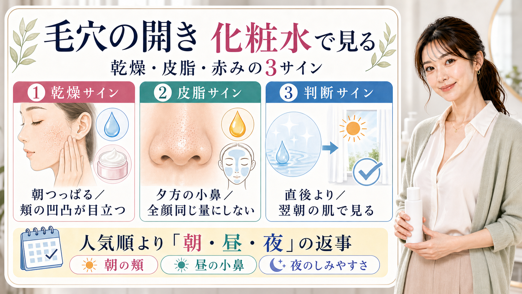 毛穴の開きに化粧水を見るときの乾燥、皮脂、赤みの3サインを整理した美容解説ボード