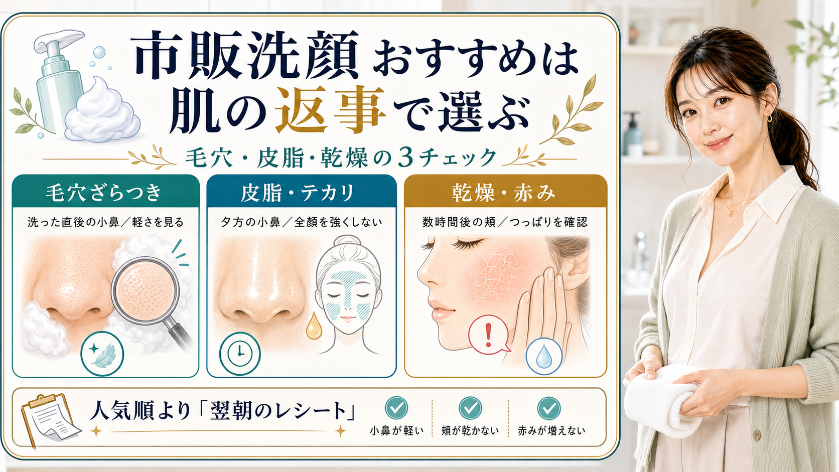 市販洗顔を毛穴ざらつき、皮脂テカリ、乾燥赤みの3チェックで選ぶ美容解説ボード