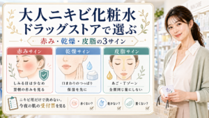 大人ニキビ向け化粧水をドラッグストアで選ぶときの赤み、乾燥、皮脂の3サインを整理した美容解説ボード