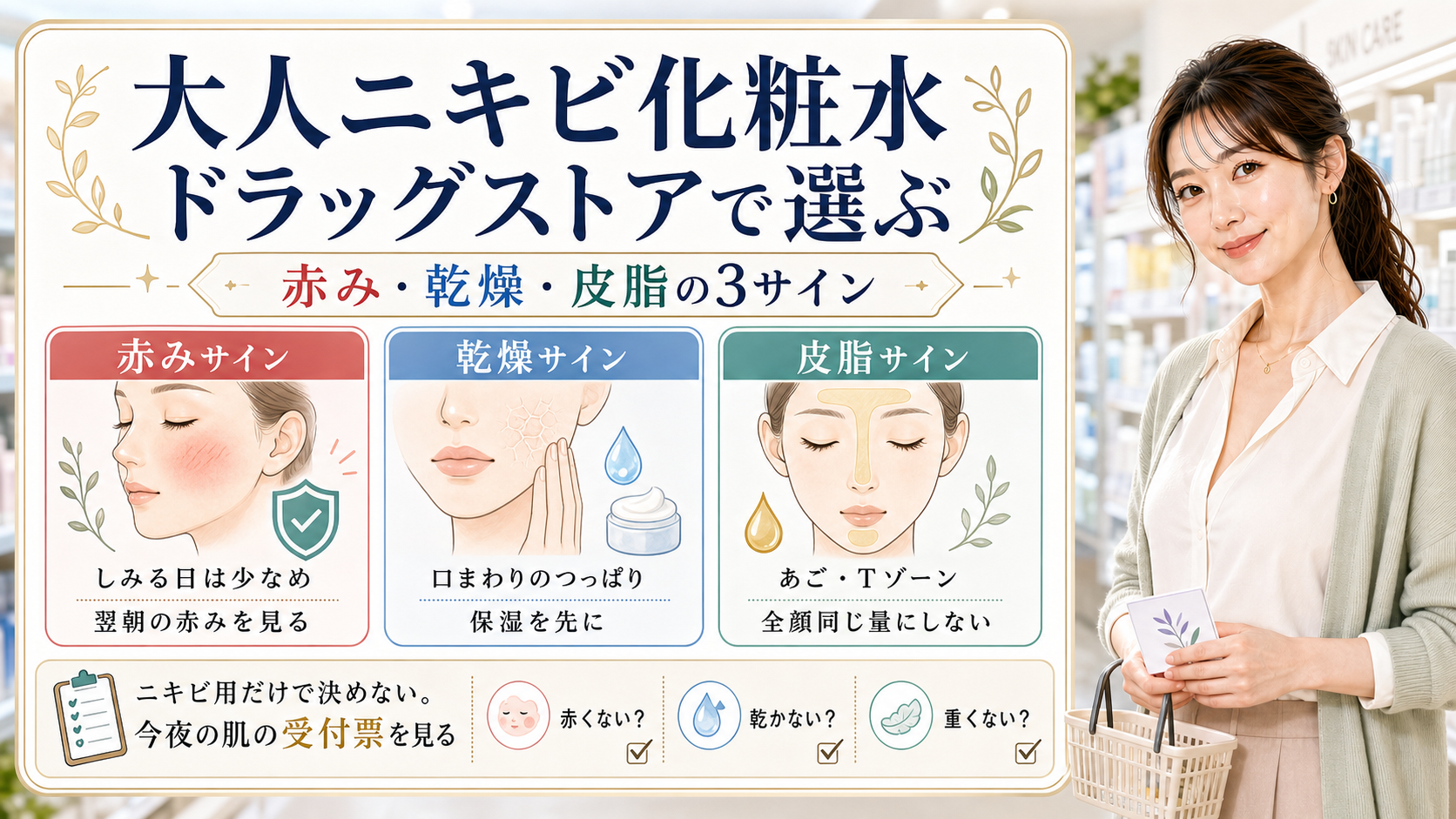 大人ニキビ向け化粧水をドラッグストアで選ぶときの赤み、乾燥、皮脂の3サインを整理した美容解説ボード