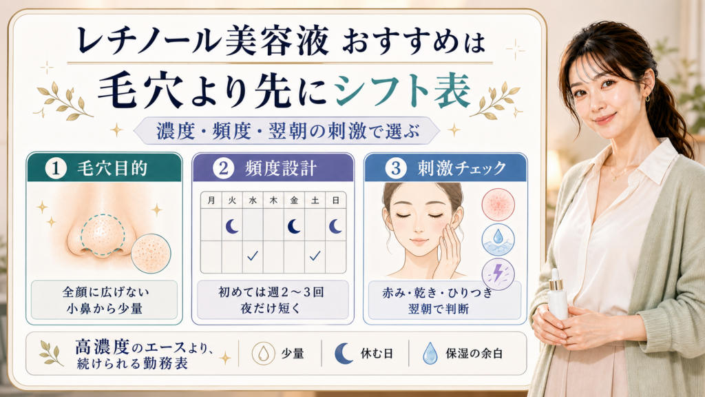 レチノール美容液を毛穴目的、頻度設計、翌朝の刺激チェックで選ぶ美容解説ボード