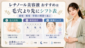 レチノール美容液を毛穴目的、頻度設計、翌朝の刺激チェックで選ぶ美容解説ボード