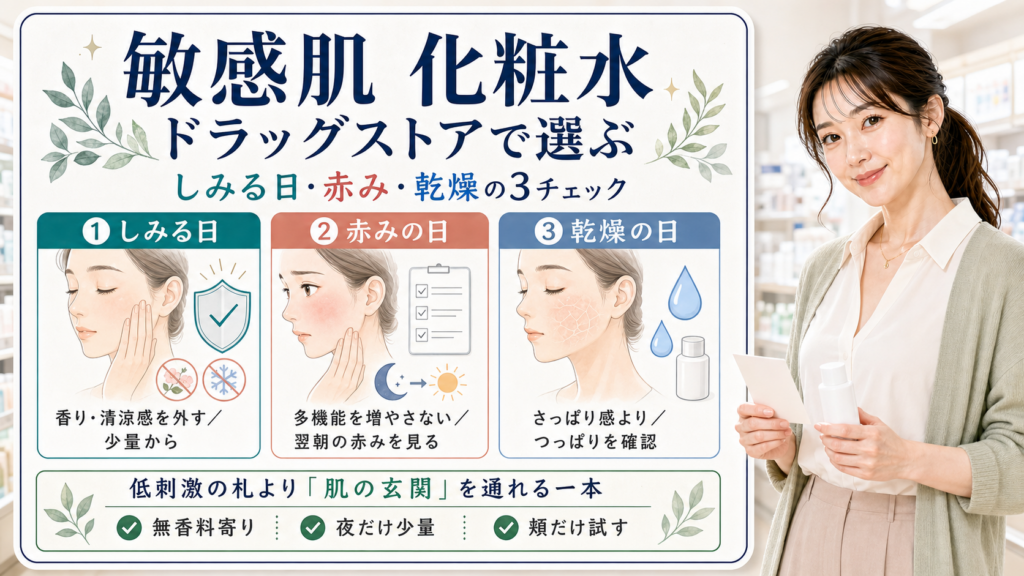 敏感肌向け化粧水をドラッグストアで選ぶときのしみる日、赤み、乾燥の3チェックを整理した美容解説ボード