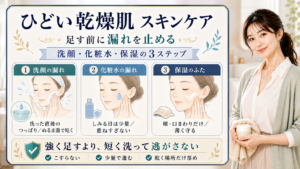 ひどい乾燥肌のスキンケアを洗顔、化粧水、保湿の3ステップで短く整える美容解説ボード
