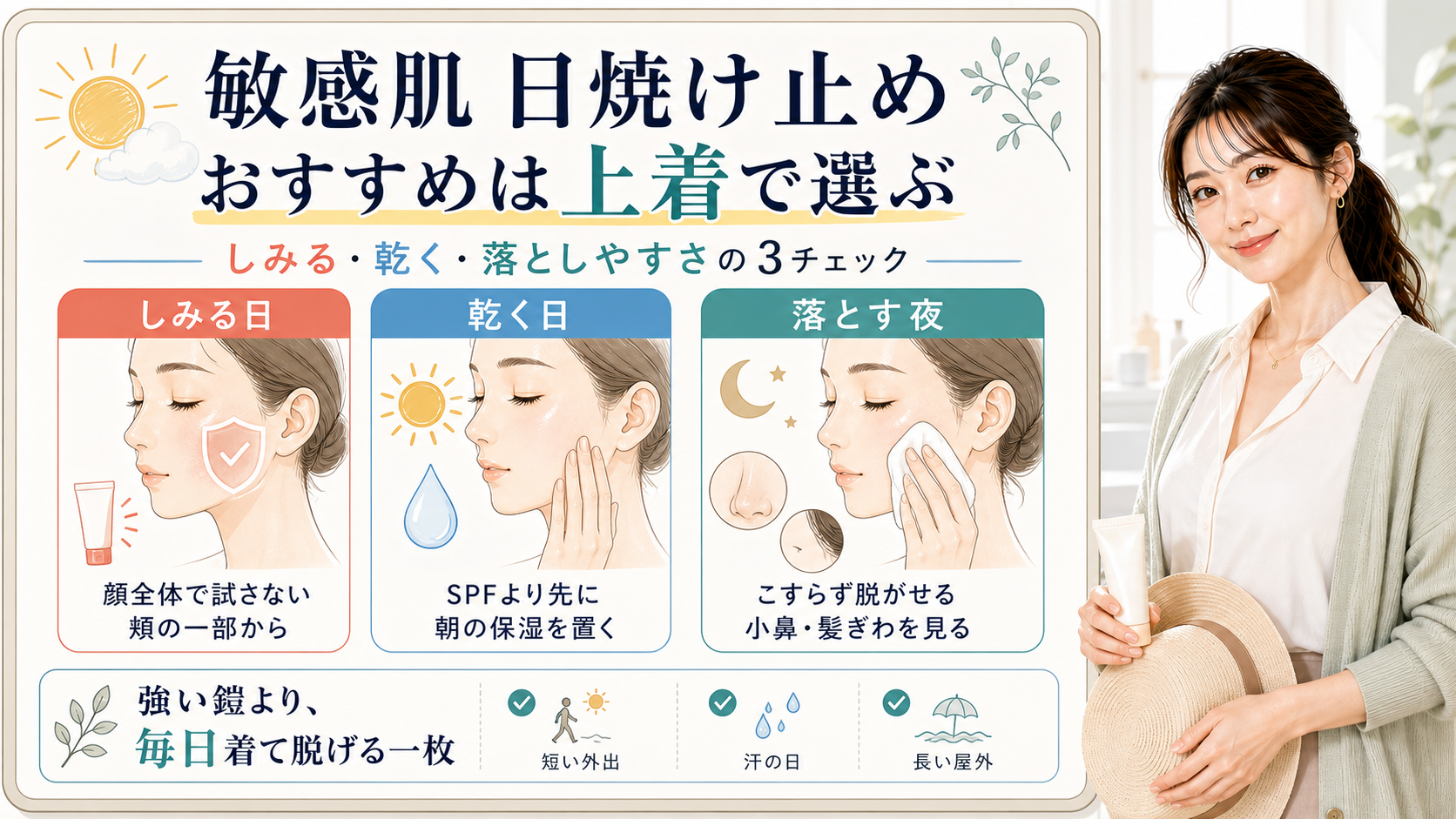 敏感肌向け日焼け止めをしみる日、乾く日、落とす夜の3チェックで選ぶ美容解説ボード