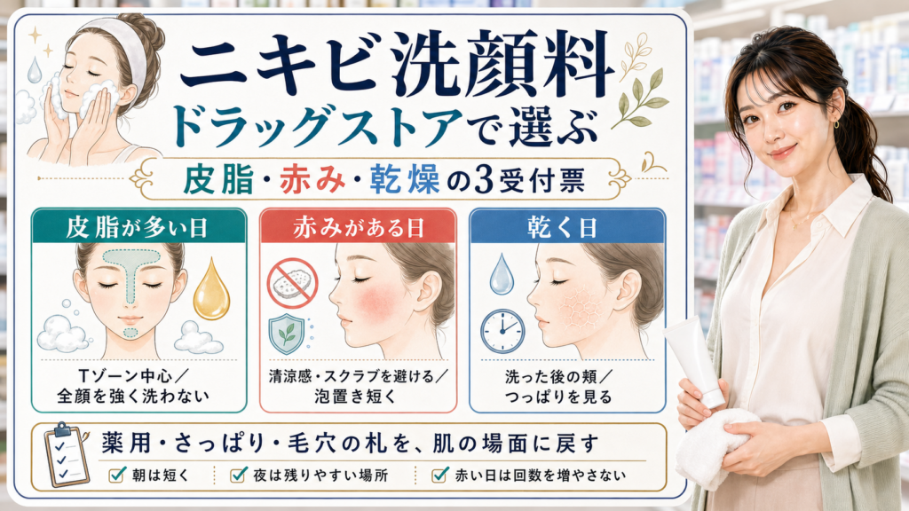 ニキビ洗顔料をドラッグストアで選ぶときの皮脂、赤み、乾燥の3受付票を整理した美容解説ボード