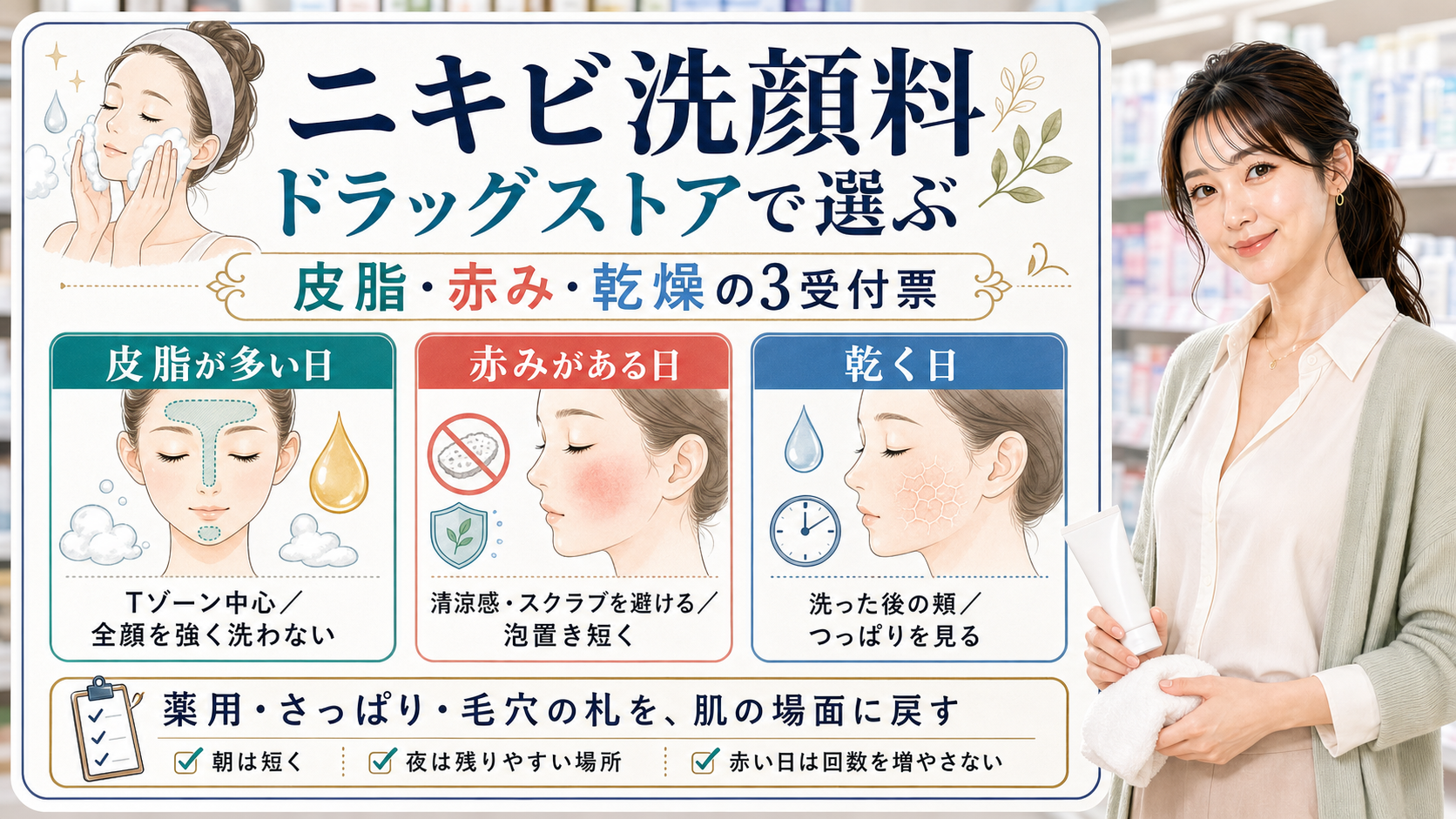 ニキビ洗顔料をドラッグストアで選ぶときの皮脂、赤み、乾燥の3受付票を整理した美容解説ボード