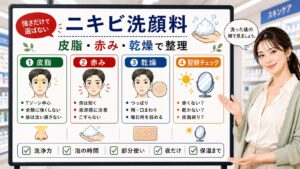 ニキビ洗顔料をドラッグストアで皮脂赤み乾燥から選ぶ方法を解説