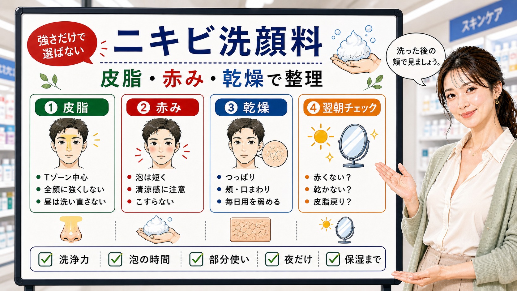 ニキビ洗顔料をドラッグストアで皮脂赤み乾燥から選ぶ方法を解説