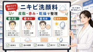 ドラッグストアのニキビ洗顔料を、強さだけで選ばず皮脂・赤み・乾燥・翌朝チェックで整理する大判ボードと女性解説者のアイキャッチ