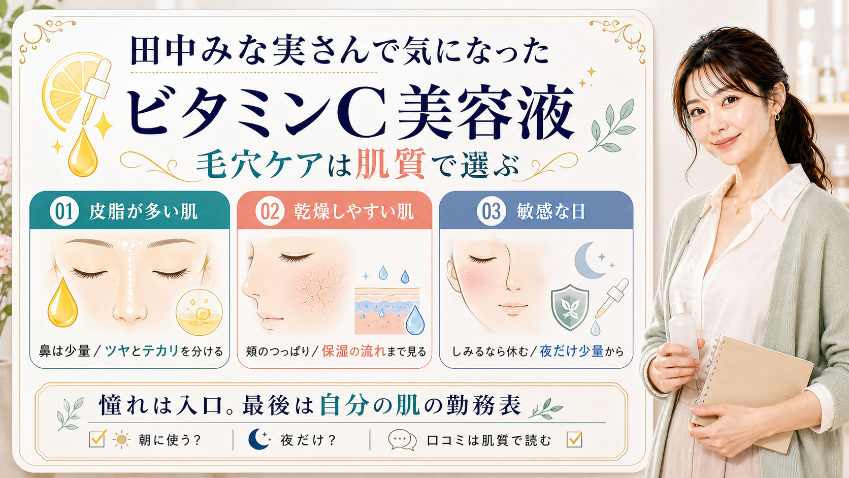 田中みな実さんで気になったビタミンC美容液を皮脂、乾燥、敏感な日の肌質で選ぶ美容解説ボード