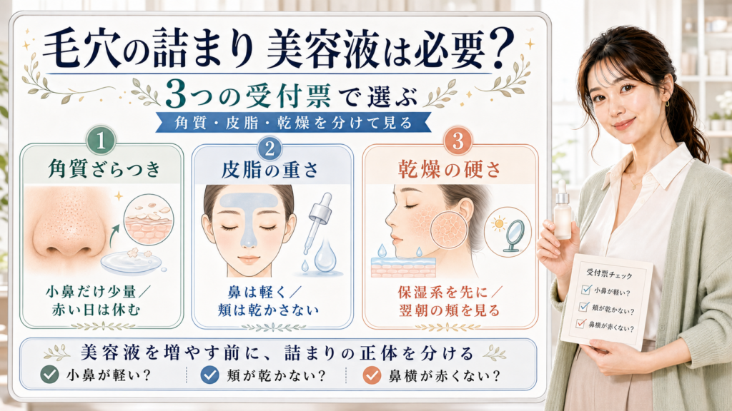毛穴の詰まりに美容液が必要かを角質、皮脂、乾燥の3受付票で整理した美容解説ボード